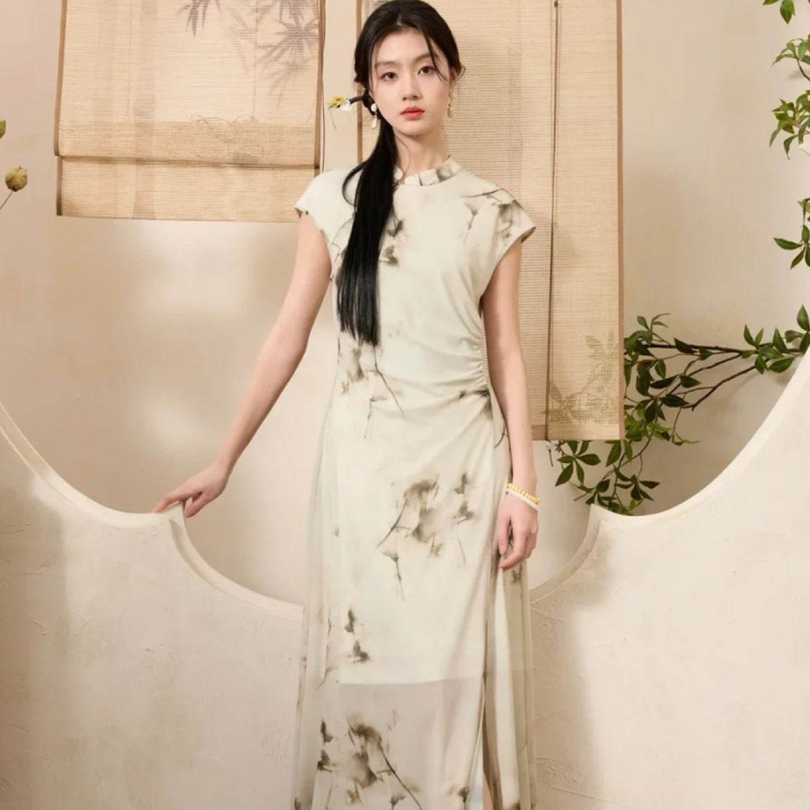 超V會員：三彩 茶煙入夢 新中式暈染網紗印花氣質休閑連衣裙