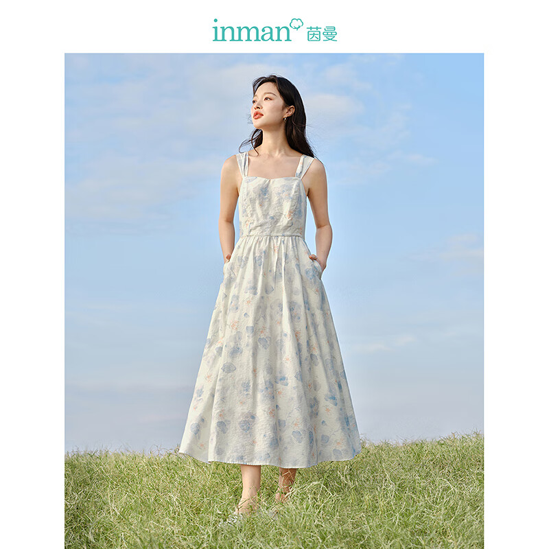 INMAN 茵曼 暈染亞麻吊帶裙收腰顯瘦百搭連衣裙女春夏18412|688 白底藍花 XL