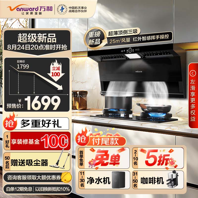 萬和 頂側三吸抽油煙機 25風量大吸力 550Pa靜壓 揮手智控油煙機CXW-358-WL875 單煙機