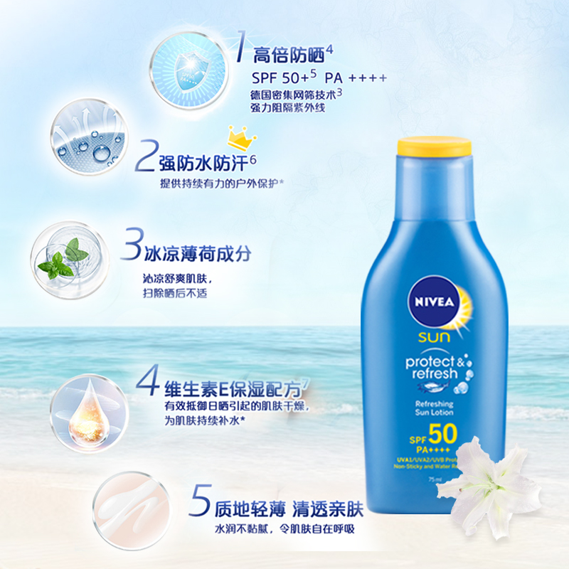 88VIP會員：NIVEA 妮維雅 清透防曬露進口高倍防曬霜面部全身防紫外線輕薄不黏膩75ml