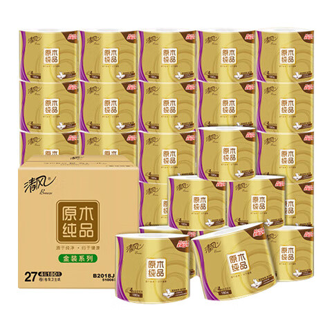 限移動端、京東百億補貼：清風 有芯卷紙原木金裝 4層加厚180克*27卷 +斧頭 果蔬洗潔精1.06Kg*4