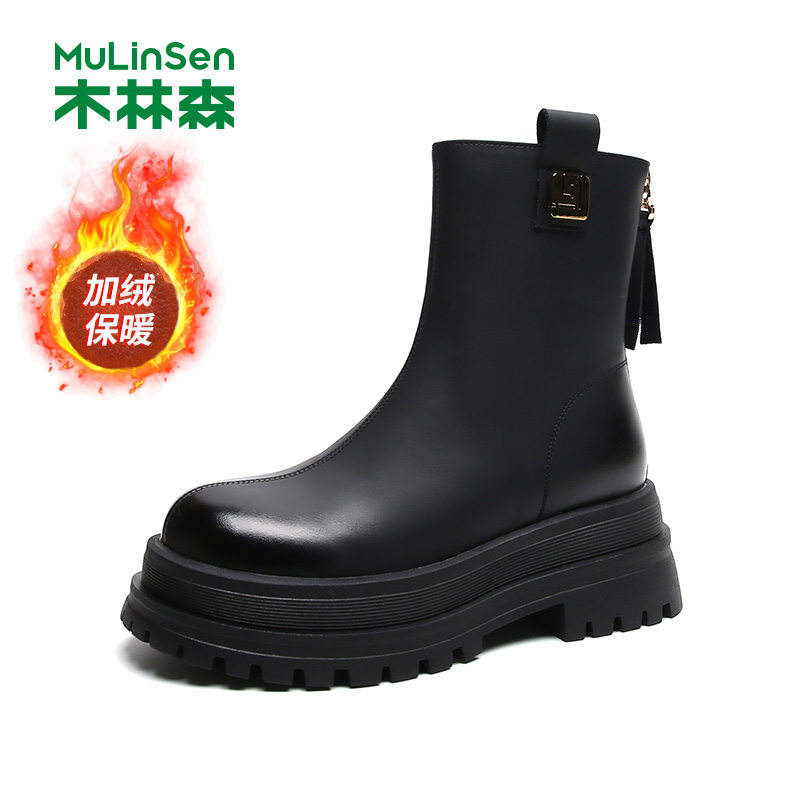 MULINSEN 木林森 女靴2024冬季新款時尚休閑百搭短靴子女舒適保暖加絨煙筒靴