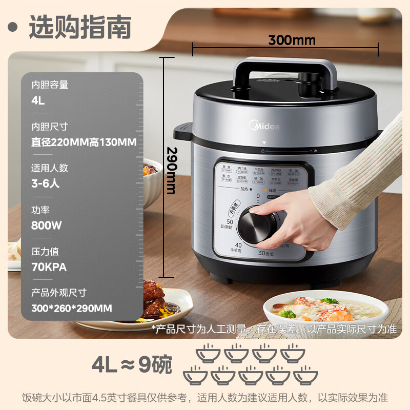 美的 智能電壓力鍋4L家用多功能 旋鈕易操作 易清潔不粘內(nèi)膽MY-E480970Kpa高壓快煮 4L