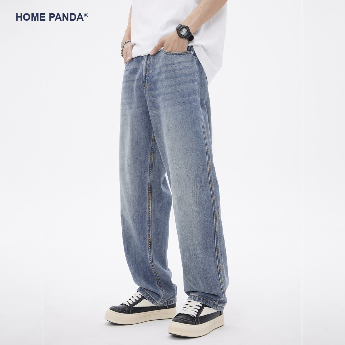 HOME PANDA HomePanda萊賽爾天絲牛仔褲男夏季薄款寬松直筒淺色休閑闊腿褲子