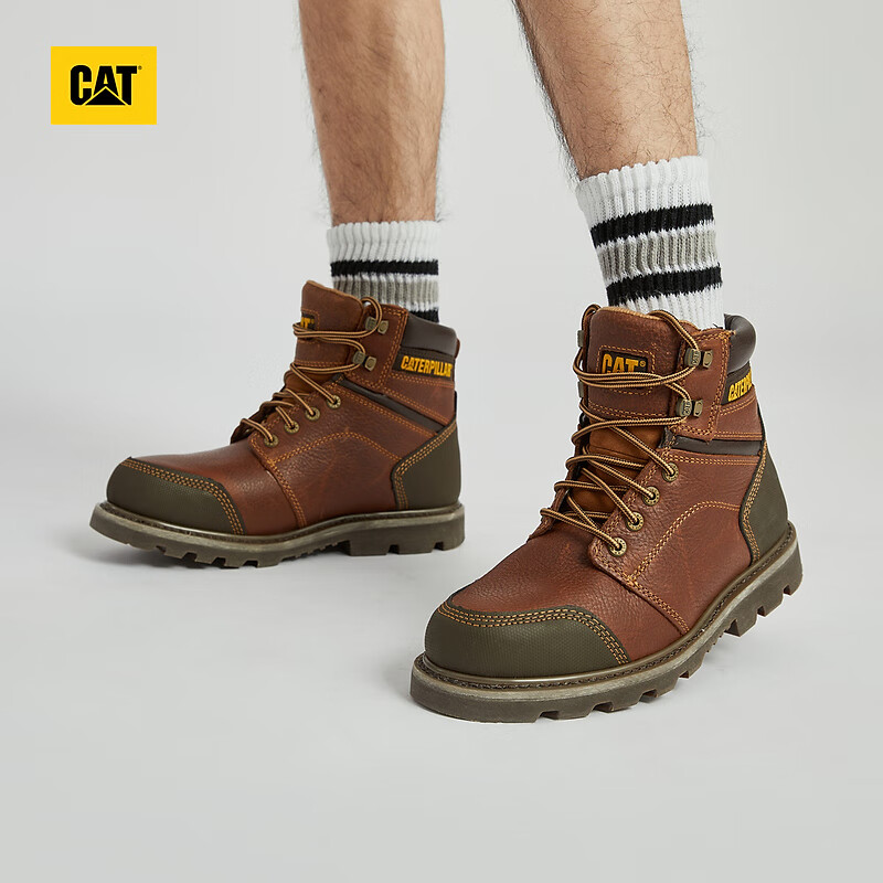 CAT 卡特彼勒 卡特工裝靴馬丁靴男鞋男士休閑工鞋經典牛皮面防滑大工裝靴618 棕紅