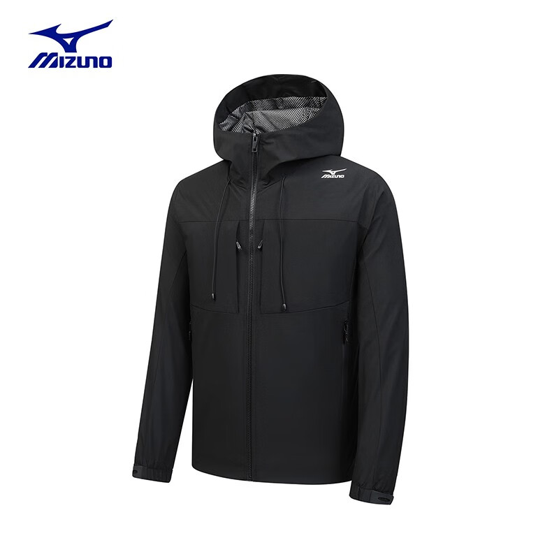 Mizuno 美津濃 戶外風衣男休閑防風防水網布內里秋冬連帽鋒衣外套男 黑色 L