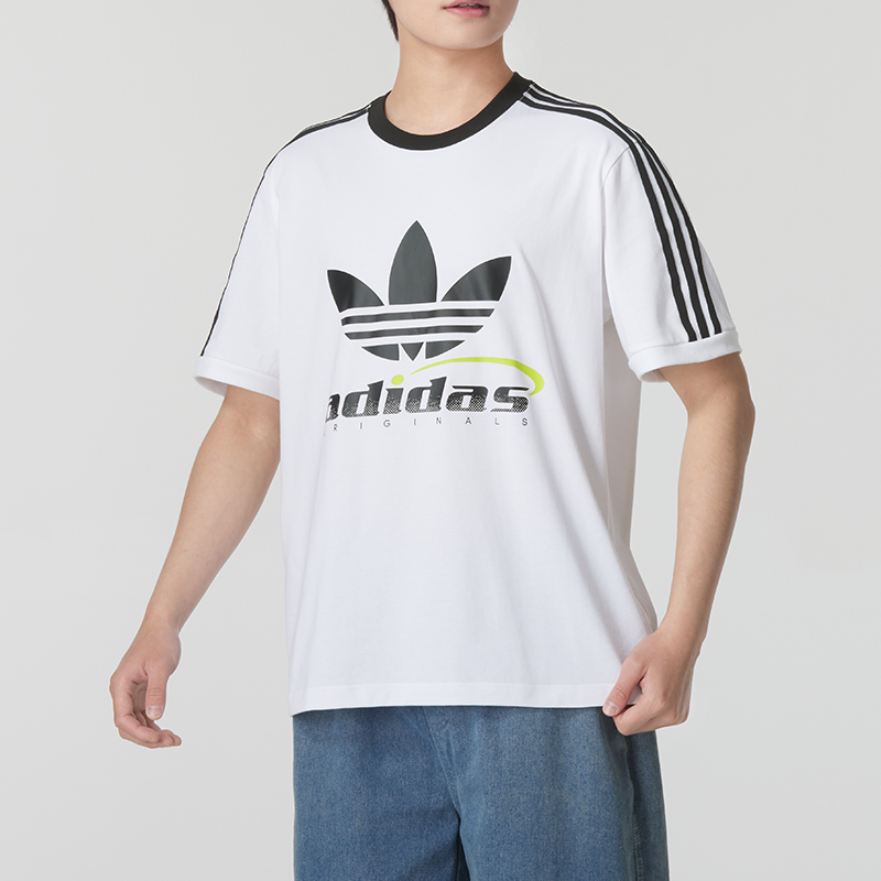 88VIP會(huì)員：adidas 阿迪達(dá)斯 三葉草白色半袖男復(fù)古條紋寬松運(yùn)動(dòng)短袖T恤IW6310
