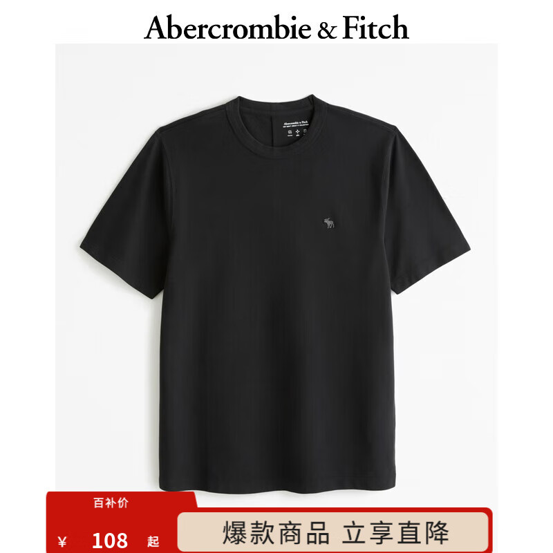Abercrombie & Fitch 男裝 24夏款經典小麋鹿純色圓領時尚休閑T恤 KI124-4099 黑色 M (180/100A)