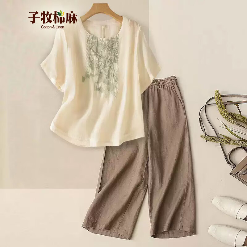 子牧棉麻2024夏裝 女文藝短袖T恤上衣套裝闊腿褲時尚洋氣兩件套1355 米杏上衣+咖啡褲子 M(建議95-110斤)