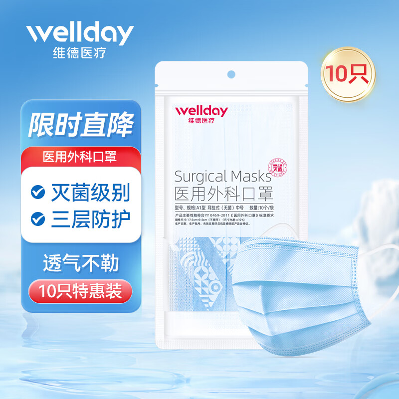 維德 一次性醫用外科口罩掛耳式三層無菌級防病毒細菌秋冬季透氣防風 藍色10只