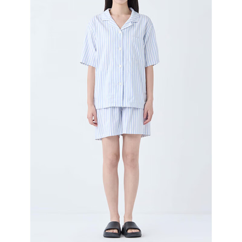 無印良品（MUJI）涼感雙層紗織 短袖睡衣套裝 女士 藍色豎條紋 均碼 L-XL