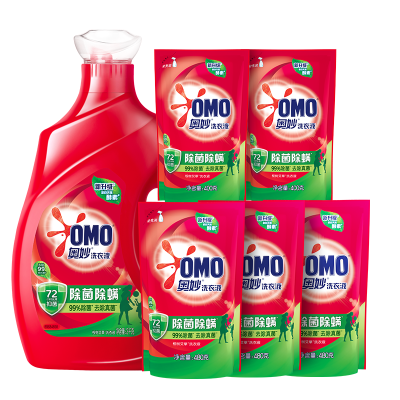 plus會(huì)員、需首購(gòu):omo/奧妙 除菌除螨 10.48斤組合裝洗衣液 3KG瓶+400G*2袋+480G*3袋+除菌液100g*3瓶