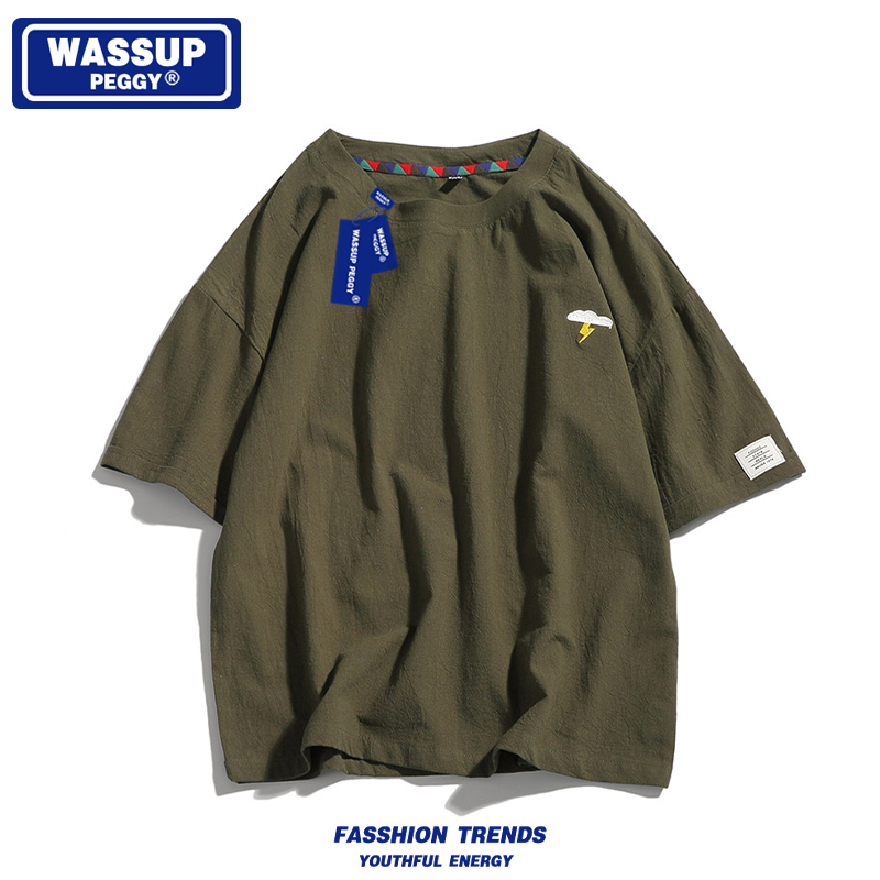 WASSUP PEGGY 日系復古刺繡短袖t恤男生夏季潮牌寬松半袖刺繡上衣