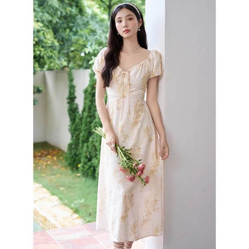 CARMEN 【法式復古碎花一字領連衣裙】夏季茶歇連衣裙桔梗裙收腰仙女長裙
