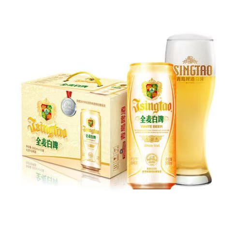 青島啤酒 TSINGTAO 精釀金裝全麥白啤原麥汁濃度11°500mL*12罐 贈白罐白啤330mL*6罐