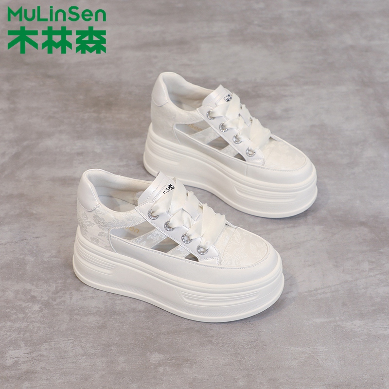 MULINSEN 木林森 蕾絲板鞋時尚百搭厚底增高女鞋2024夏季新款輕便透氣小白鞋