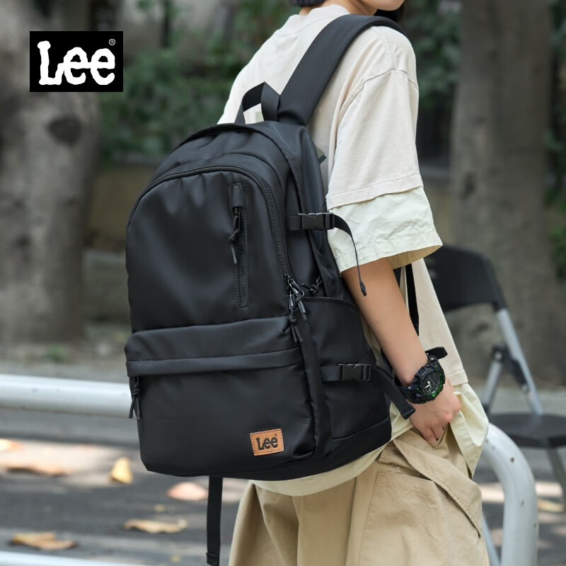 Lee 潮流雙肩包男高中大書包女休閑背包大容量旅行電腦包黑色