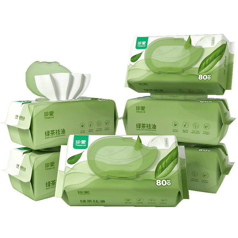 PLUS會員：珍愛擦臉清潔濕巾綠茶去油清潔肌膚潔面一次性洗臉濕紙巾80片*6包