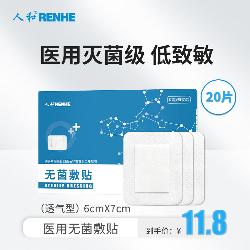 RENHE 人和 醫用無菌敷貼6*7cm*20片 透氣型創口貼大號創可貼小胸貼乳貼（一次性創面傷口敷料）
