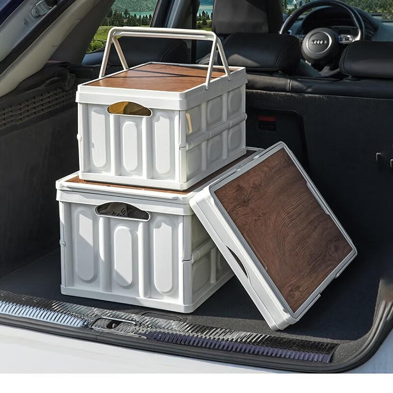 PLUS:巨木 車載后備箱置物箱 戶外露營收納箱 米白【大號】提手+木蓋