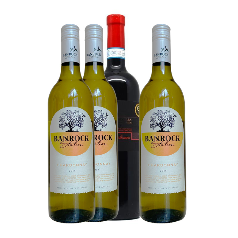超值組合裝：banrock 班洛克 霞多麗 干白葡萄酒 2019年 750ml*3瓶 + Demaria Bartolomeo 德瑪利亞-巴托洛梅奧 優質阿爾巴巴貝拉 干紅葡萄酒 2014年 750ml 單瓶裝