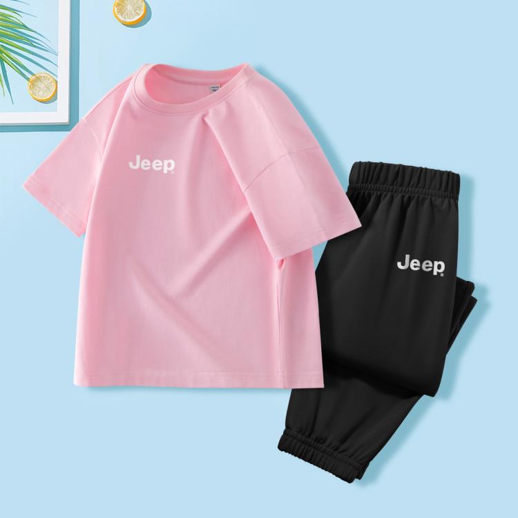 Jeep 戶外運動童裝男女童短袖套裝薄款夏季寬松兩件套大童純棉t恤褲子