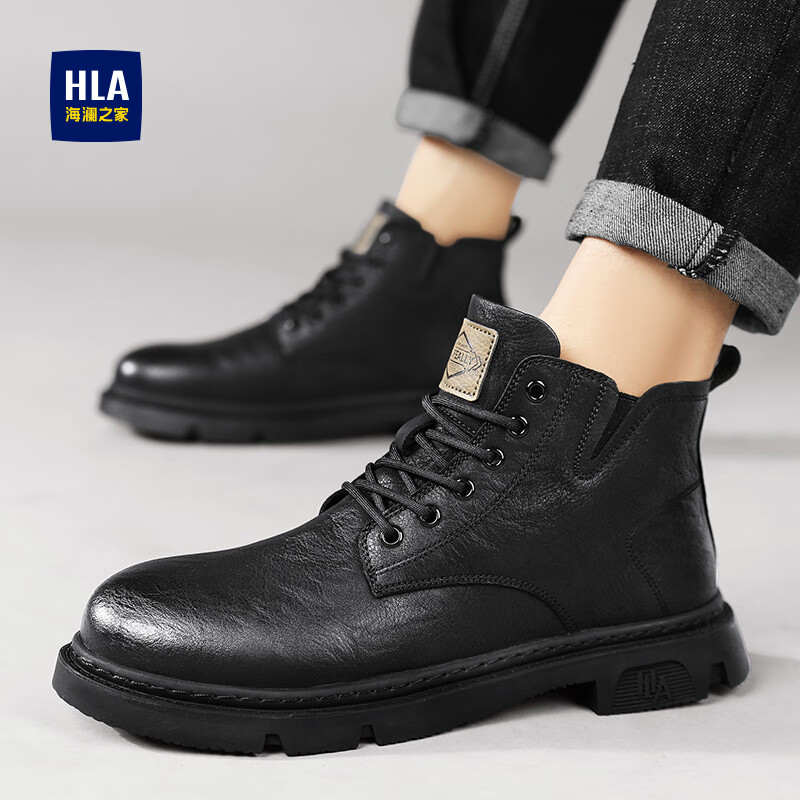 HLA 海瀾之家 男靴冬季加絨保暖戶外工裝靴子男復(fù)古中高幫馬丁靴子男鞋 0537-Q 黑色(加絨) 42