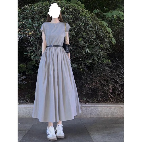 法式灰色針織t恤連衣裙女收腰垂墜感短袖長款裙子清新夏季~長裙