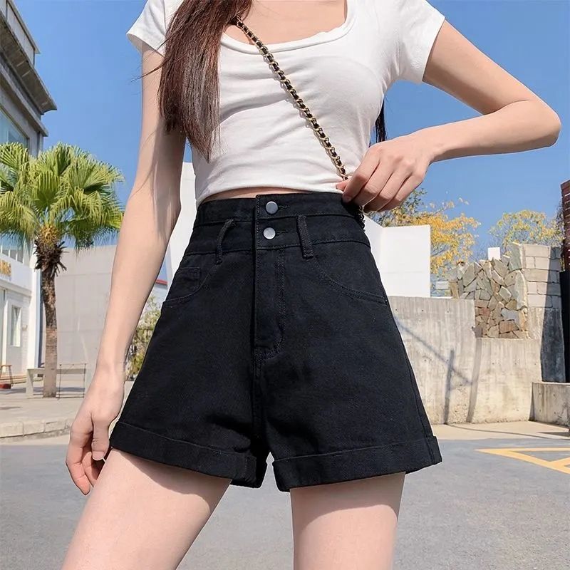 百億補貼：黑色薄款超高腰牛仔短褲女2024年夏季新款寬松闊腿顯瘦a字熱褲ins