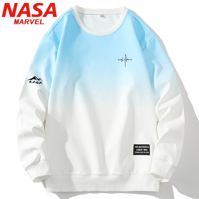 NASA MARVEL衛(wèi)衣男春秋T恤圓領(lǐng)上衣美式運(yùn)動(dòng)潮流漸變寬松打底衫 白蘭