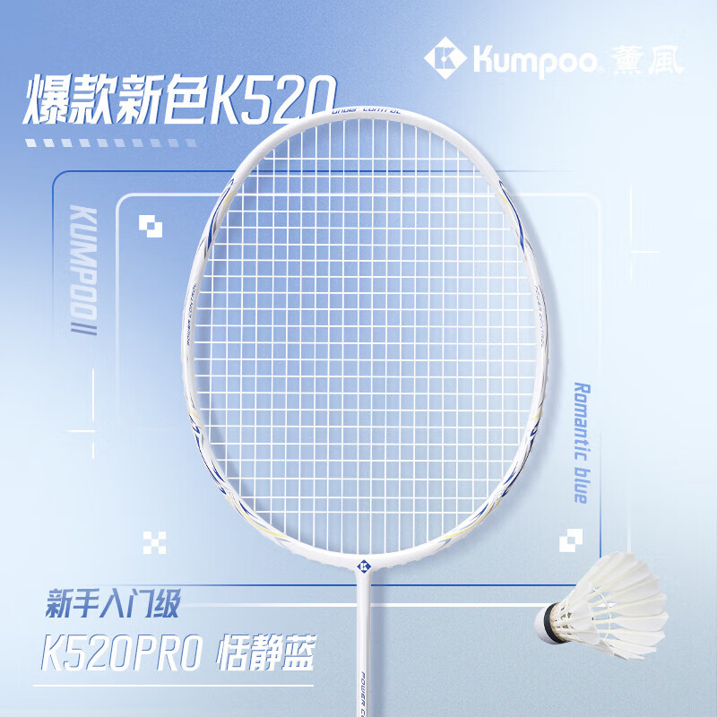 薰風（KUMPOO）羽毛球拍單拍全碳素輕耐打超輕攻守兼備拍單拍 K520Pro升級版 K520PRO【已穿線】 白/藍
