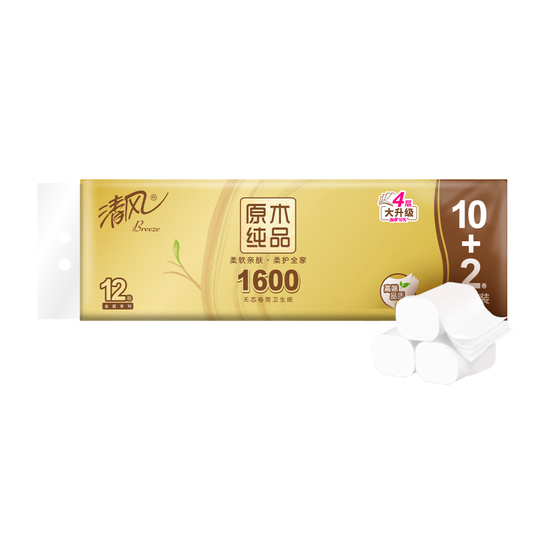 清風 李昀銳同款 無芯卷紙 原木金裝4層1600克/12卷 衛生紙卷紙