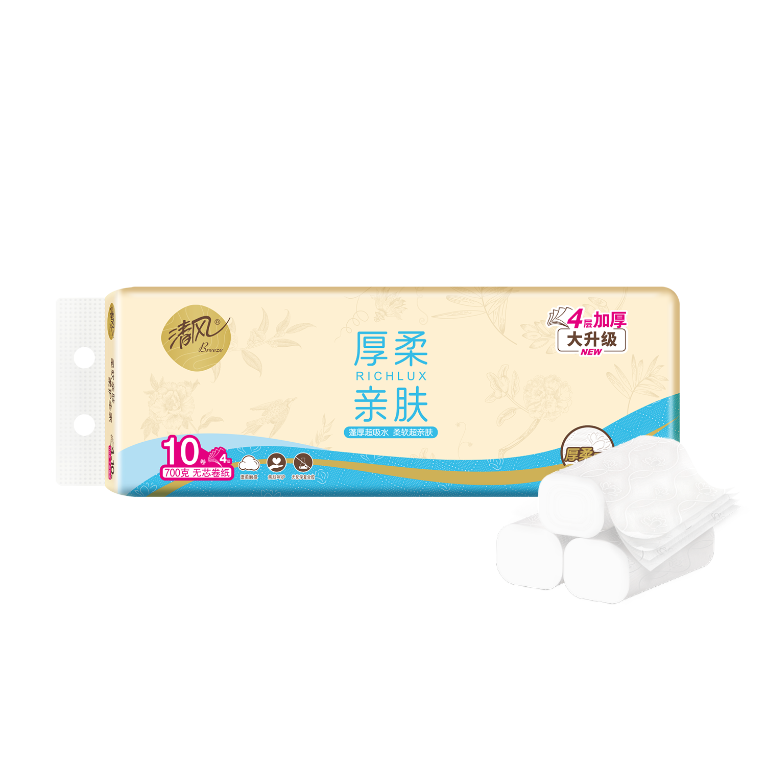 清風 李昀銳同款 無芯卷紙 厚柔親膚4層70克 10卷壓花紙巾