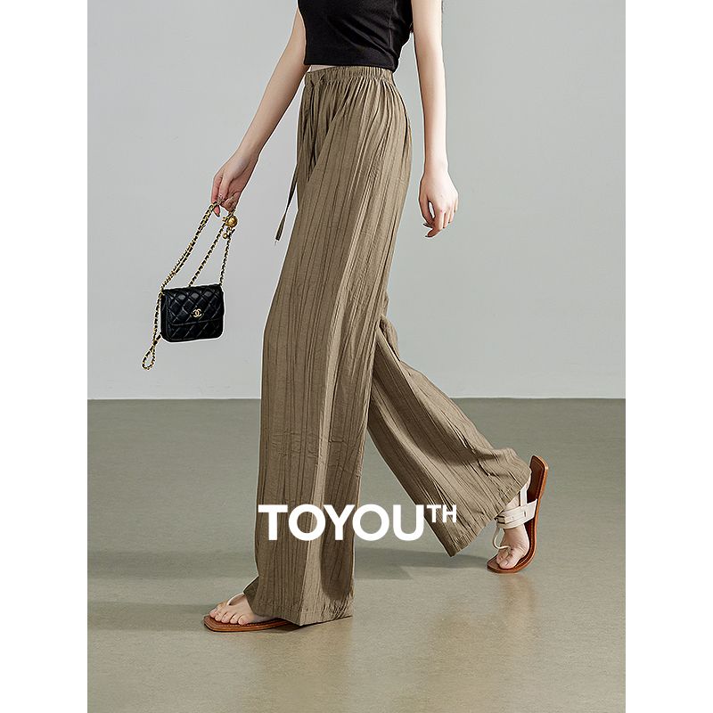 百億補(bǔ)貼：TOYOUTH 初語 樹皮紋慵懶山本褲女2024夏季彈力腰寬松闊腿長(zhǎng)褲