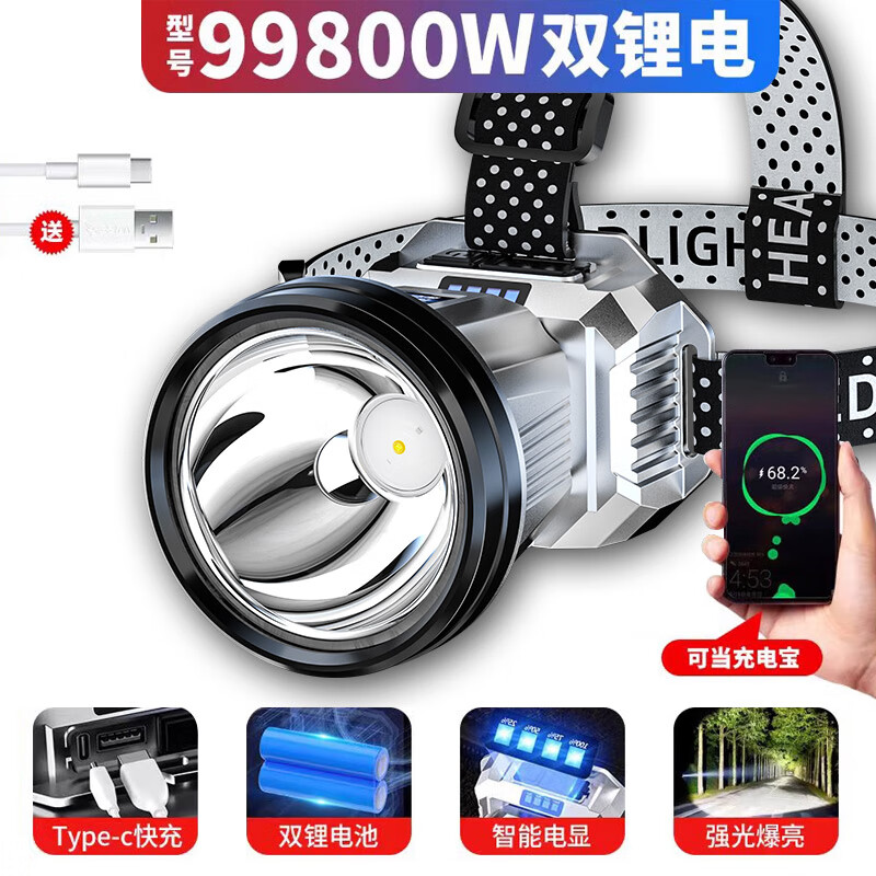 Aic頭燈頭戴式強光 長續(xù)航99800w 電顯+長續(xù)航 雙電