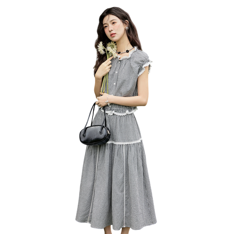 謎秀 黑白格套裝女2025夏季木耳邊小衫撞色花邊半裙通勤顯瘦裙
