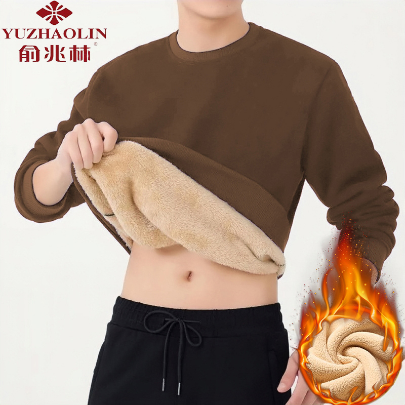 YUZHAOLIN 俞兆林 冬季羊羔絨套頭衛衣男士高級感加絨加厚圓領保暖休閑上衣服2023年