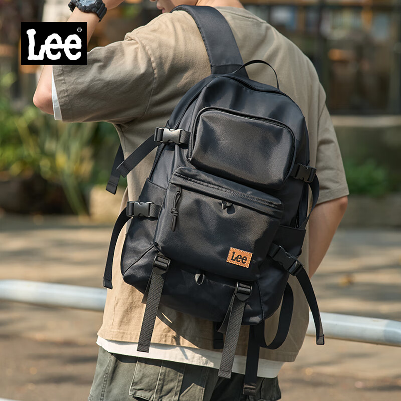 Lee 潮牌雙肩包男大容量書包初中高中大女戶外旅游背包電腦包黑色