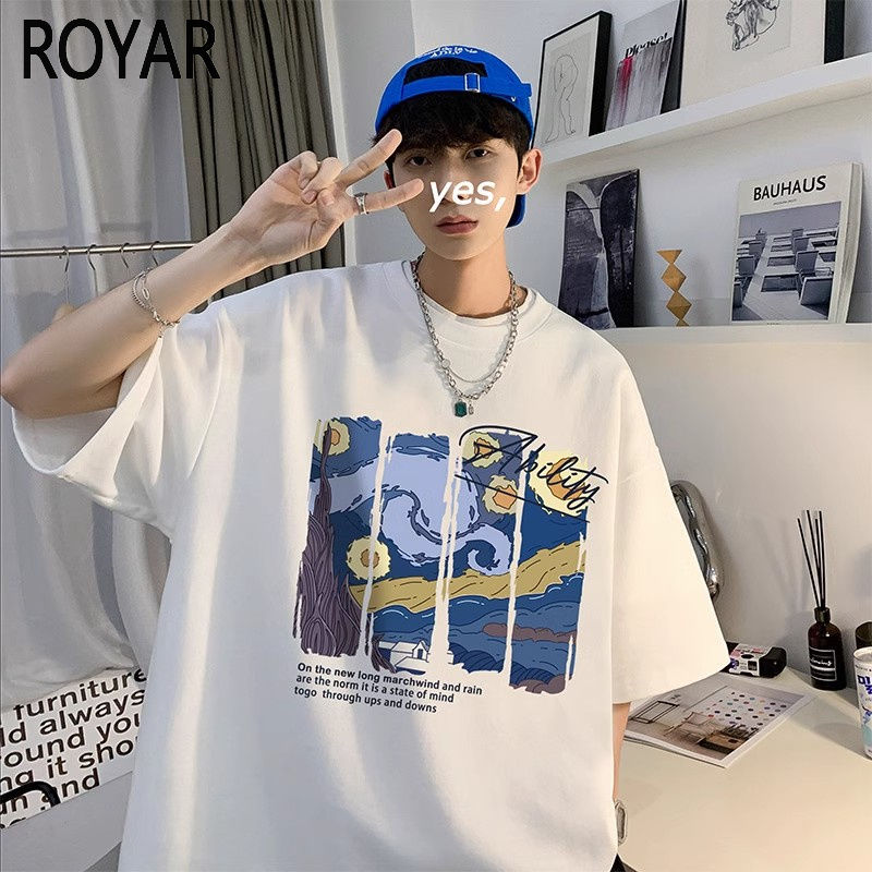 百億補貼：Royar 鹿皇羊 美式復古潮牌夏季短袖T恤男高街oversize高克重磅五分袖體袖