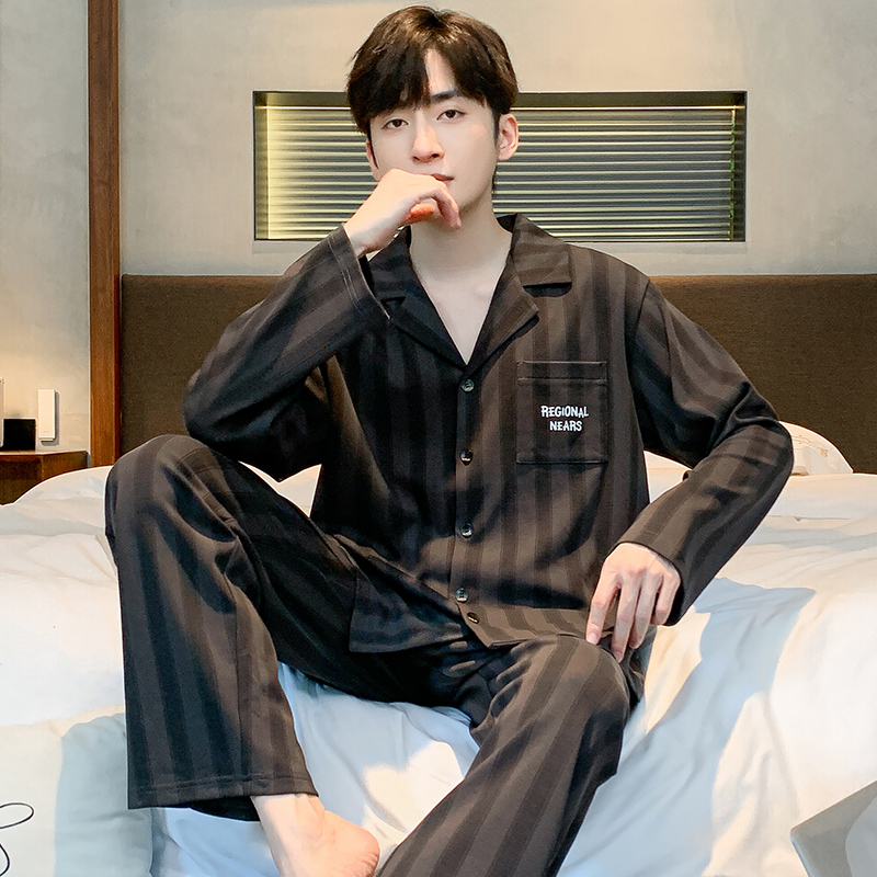 88VIP會(huì)員：頂瓜瓜 男士全棉家居服男春秋季開衫條紋長(zhǎng)袖長(zhǎng)褲純棉睡衣套裝