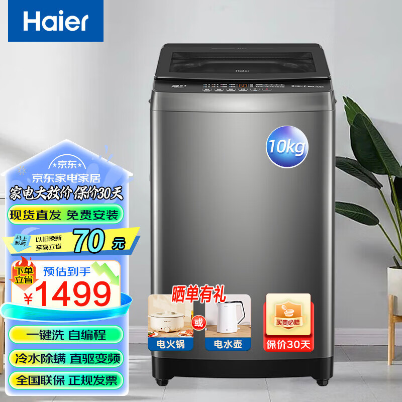 PLUS會員：海爾（Haier）全自動波輪洗衣機10公斤直驅變頻宿舍家用洗衣機
