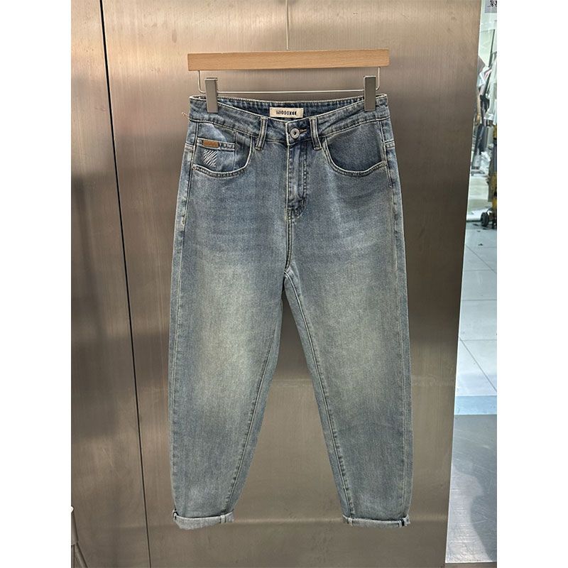 4cm 夏季新款復古水洗淺藍色牛仔褲男潮牌韓版寬松休閑百搭九分小腳褲