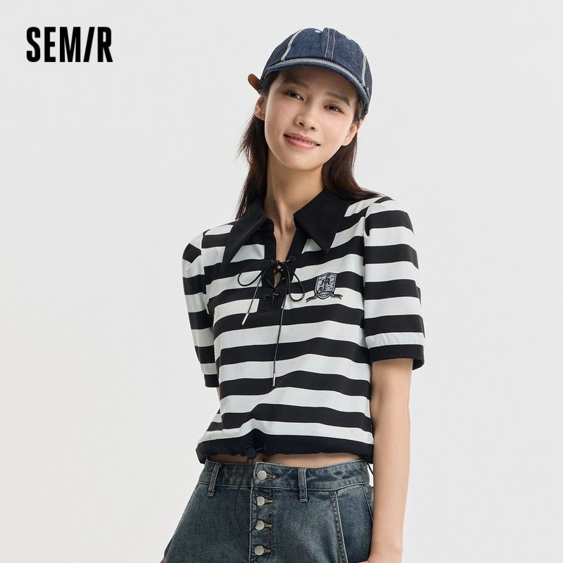 百億補貼：Semir 森馬 POLO衫女短款綁帶繡花條紋衫復古鹽系夏季收腰套頭衫休閑潮酷
