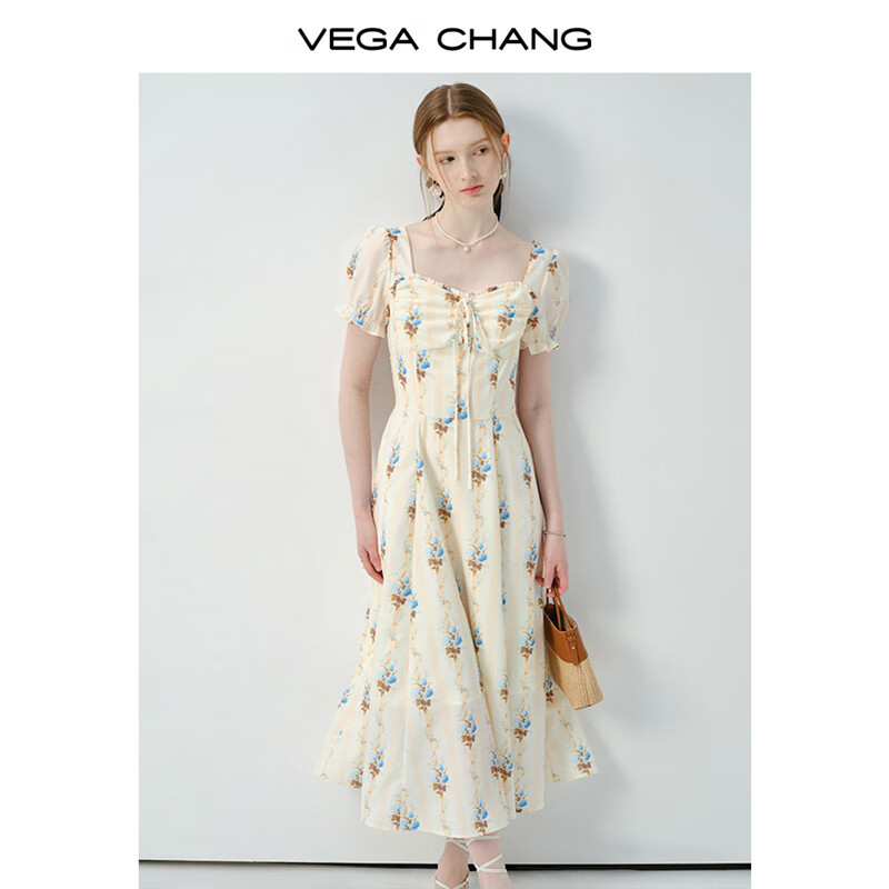 VEGA CHANG 碎花連衣裙女2025年夏季度假風法式方領泡泡袖長裙 碎花 M