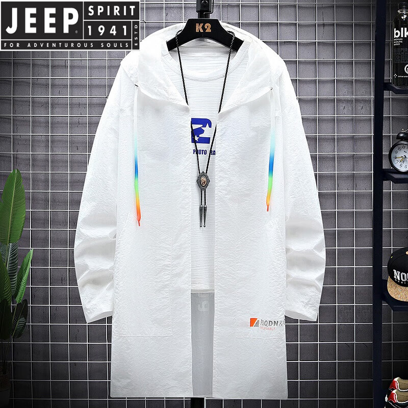JEEP SPIRIT 吉普（JEEP）夏季防曬衣男士薄款外套中長款風(fēng)衣輕薄透氣連帽大衣寬松純色褂子 白色852拉鏈 3XL