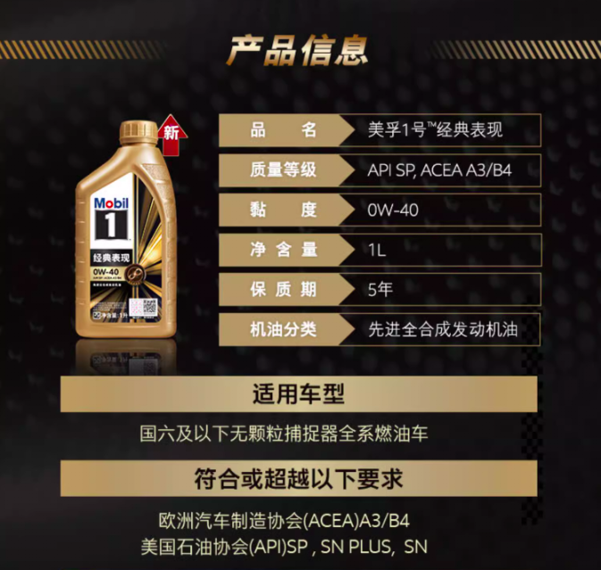 88VIP會員：Mobil 美孚 金美孚1號0W-40 1L 全合成發(fā)動機油 API SP