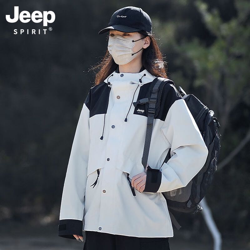 限移動端、京東百億補貼：Jeep 吉普 三合一防水沖鋒衣女春季秋冬定制滑雪工裝外套進藏登山風衣男 淺灰色單衣 M