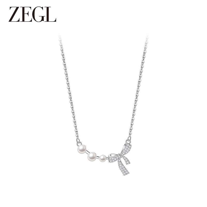ZENGLIU ZEGL蝴蝶結925銀項鏈女款輕奢小眾高級感人造珍珠法式復古鎖骨鏈