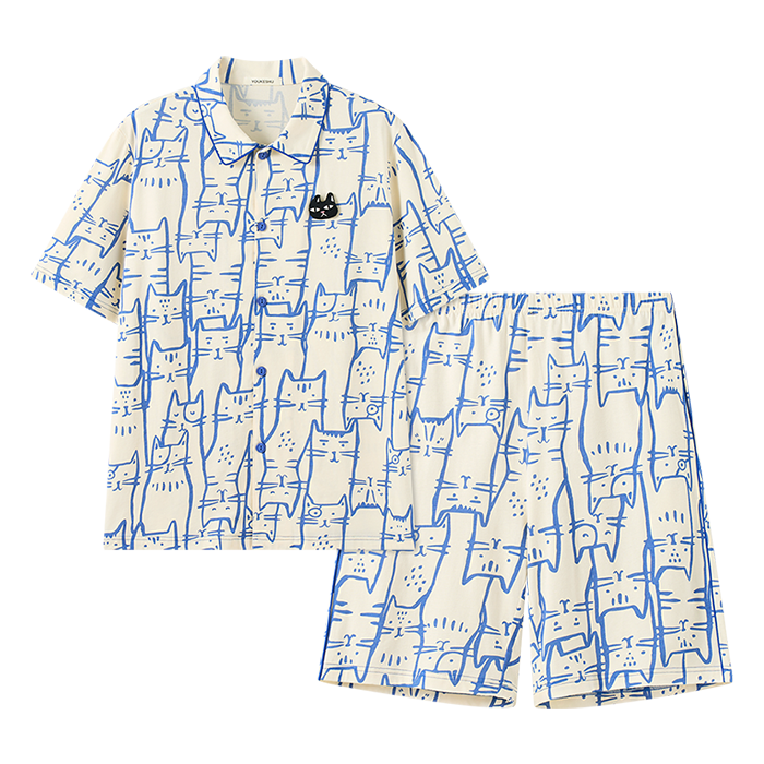 超V：有棵樹 貓咪滿印 純棉抑菌睡衣男士家居服