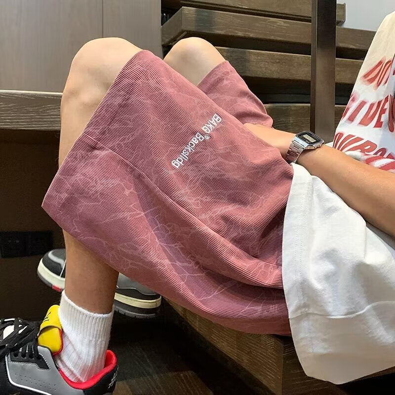 嘉曄（JIAYE）男士粉色刺繡短褲休閑五分褲子